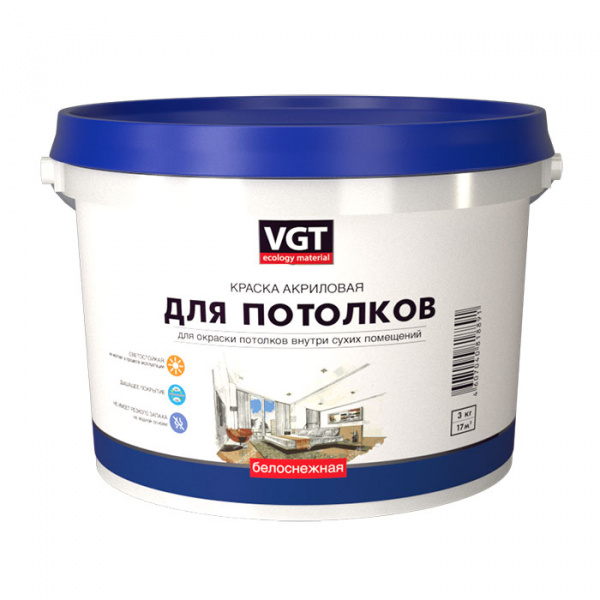 Краска для потолка белоснежная 3кг ВДАК-2180 ВГТ (1уп-4шт) 1630 