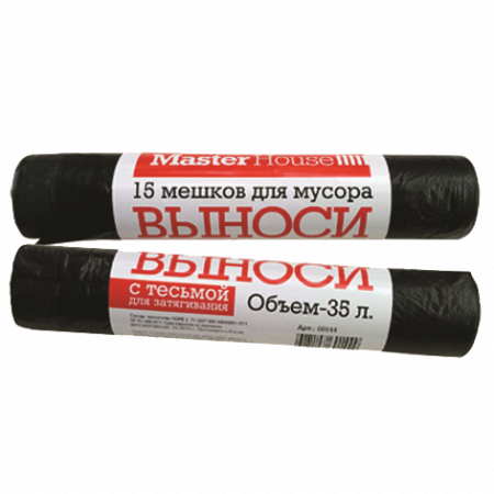 Мешки для мусора 35л 50х60см 14мкм с завязками черные(1уп-15шт) ВЫНОСИ 60144