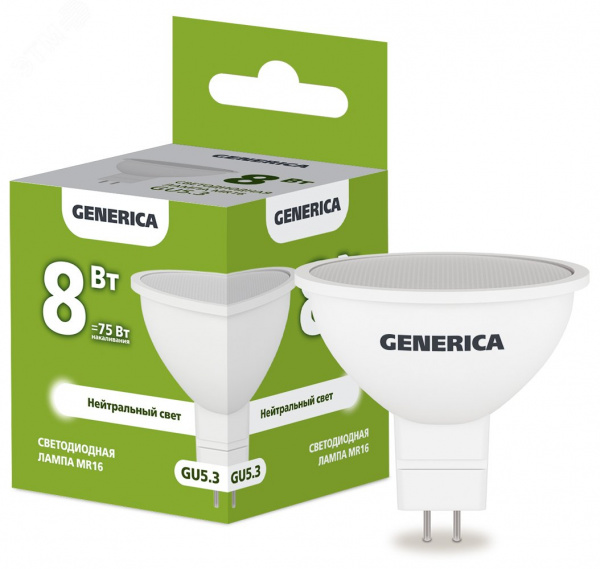 Лампа с/д GU5.3  8,0W 4000К 230В MR16 софит GENERICA 828014