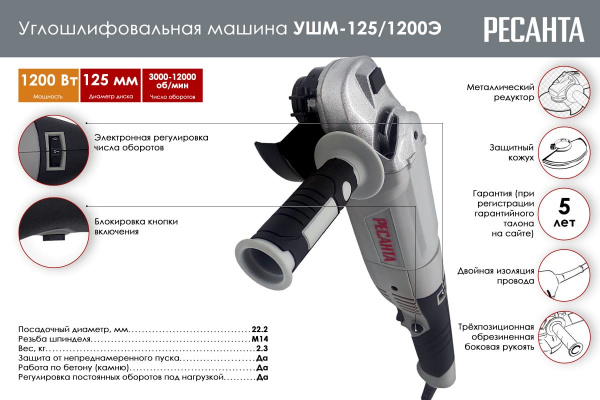 Машина шлифовальная угловая УШМ-125/1200Э Ресанта 75/12/4